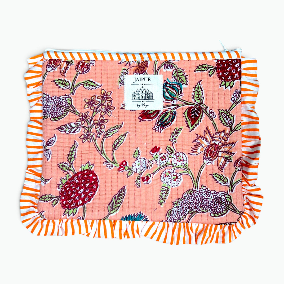 A square quilted cotton blanket by Jaipur by Pepi, featuring a pink floral and berry print with orange and white striped fringed edges, displayed flat against a light gray background.