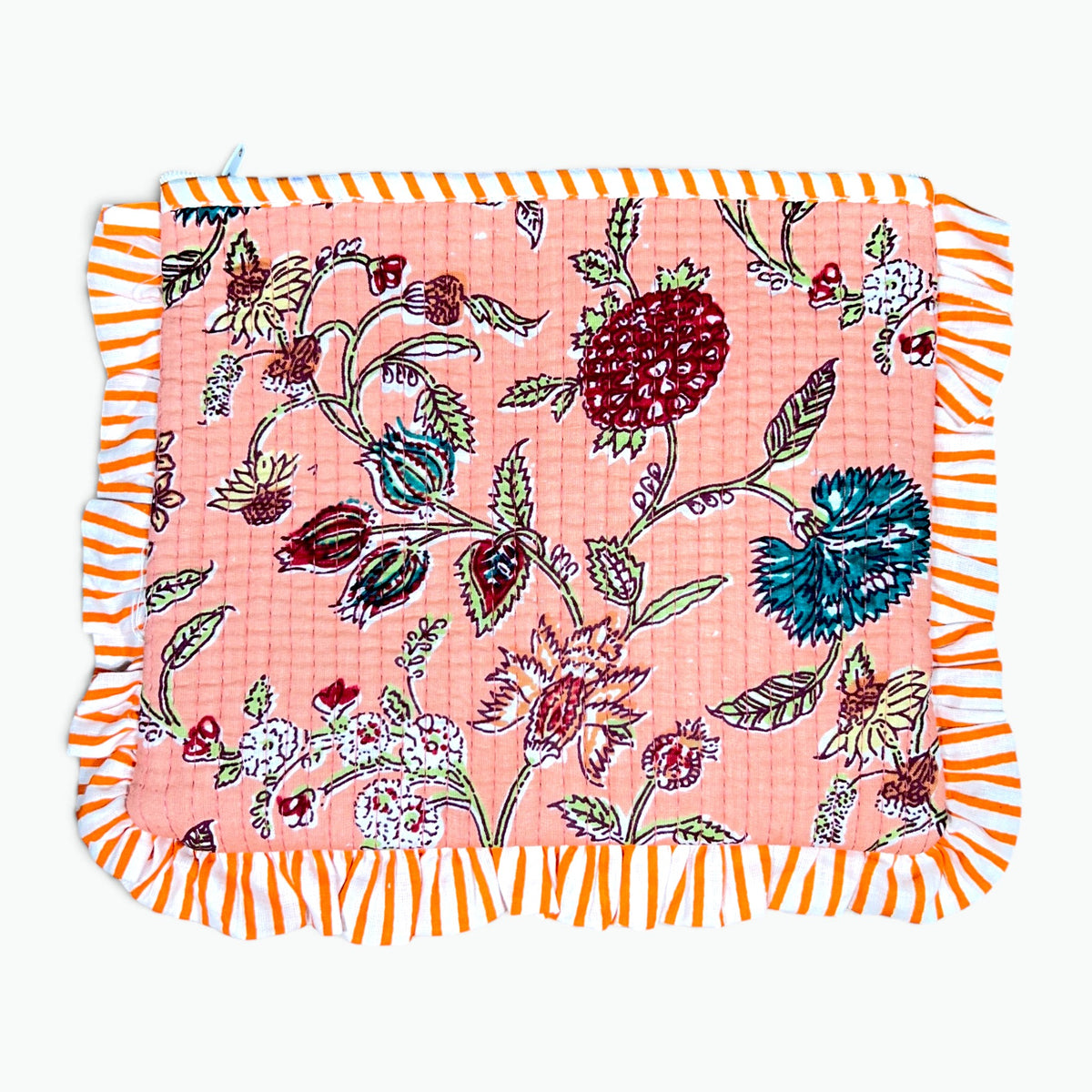Peach Meadow Print Quilted Frill Pouch | 100% Cotton