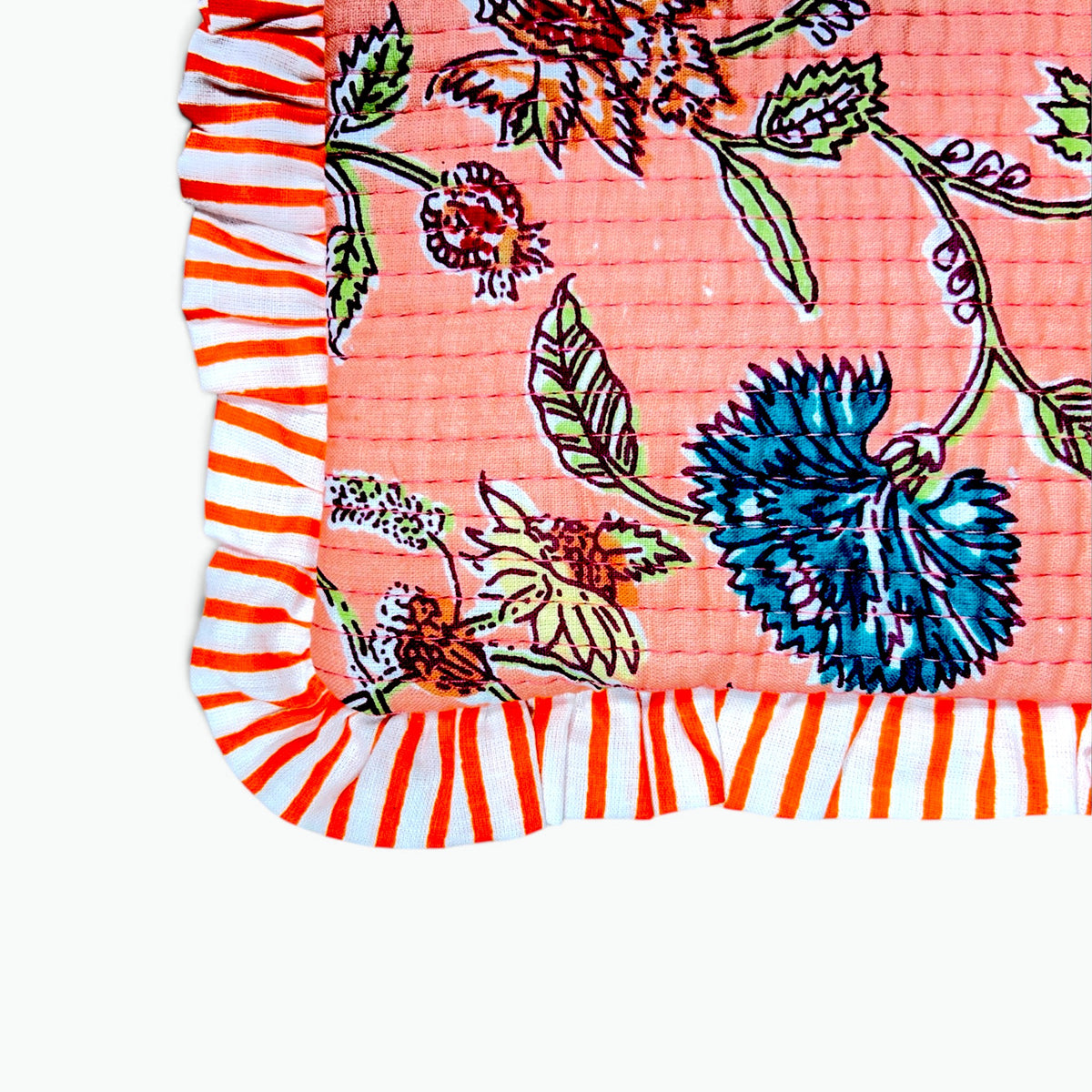 Peach Meadow Print Quilted Frill Pouch | 100% Cotton