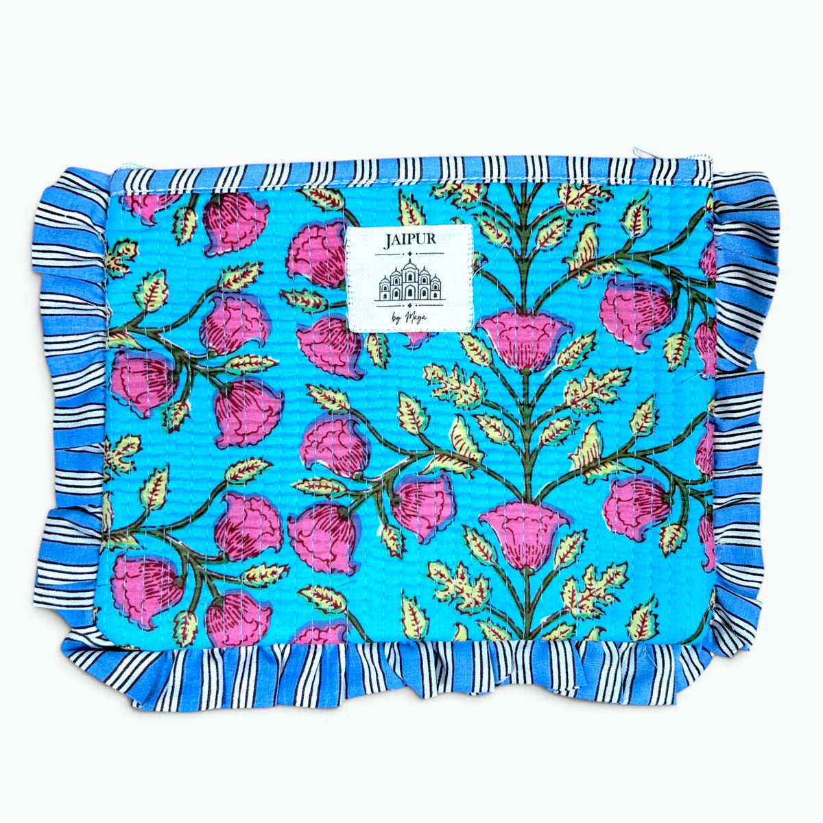 A square quilted fabric pouch or cover in bright turquoise blue, decorated with a pink rose and green vine pattern, finished with a blue and white striped ruffled border. A white brand label reading 'JAIPUR by Rani' is sewn onto the front.