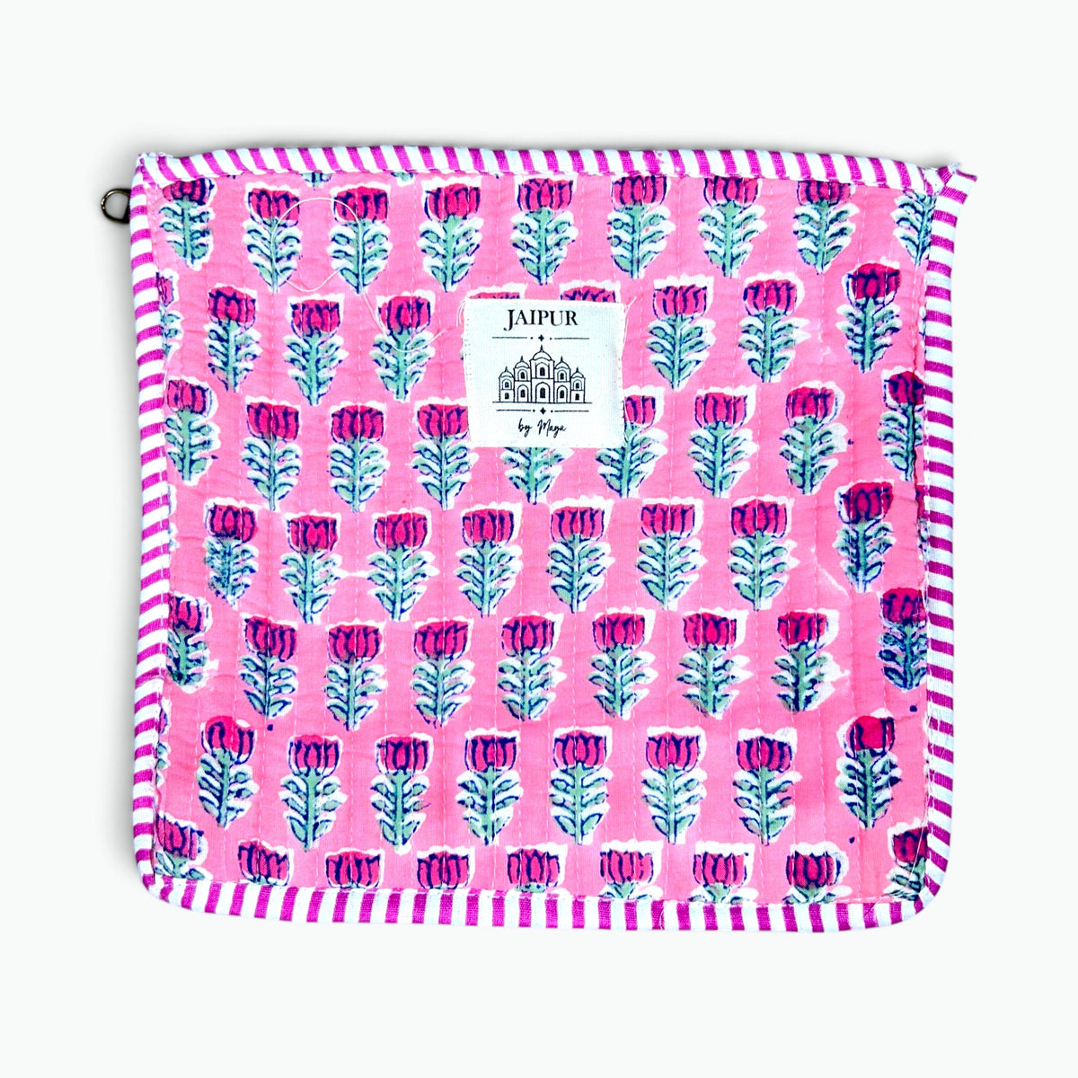 Pink quilted cotton pouch featuring a repeating tulip block print, finished with pink and white striped piping and a Jaipur by Maya label.