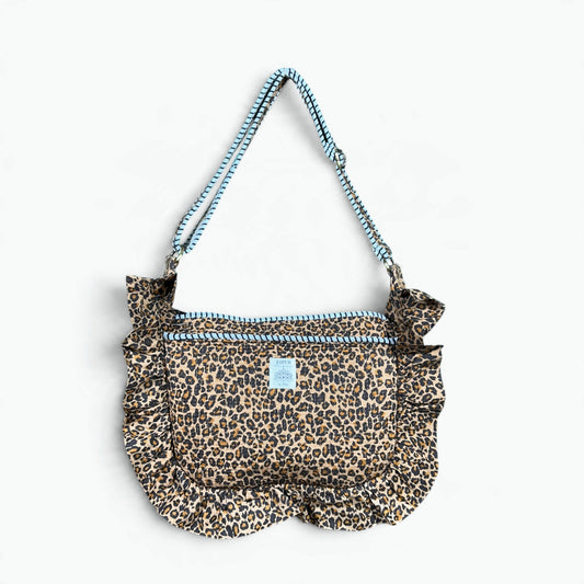 Leopard print quilted cotton shoulder bag with ruffle trim and light blue striped strap