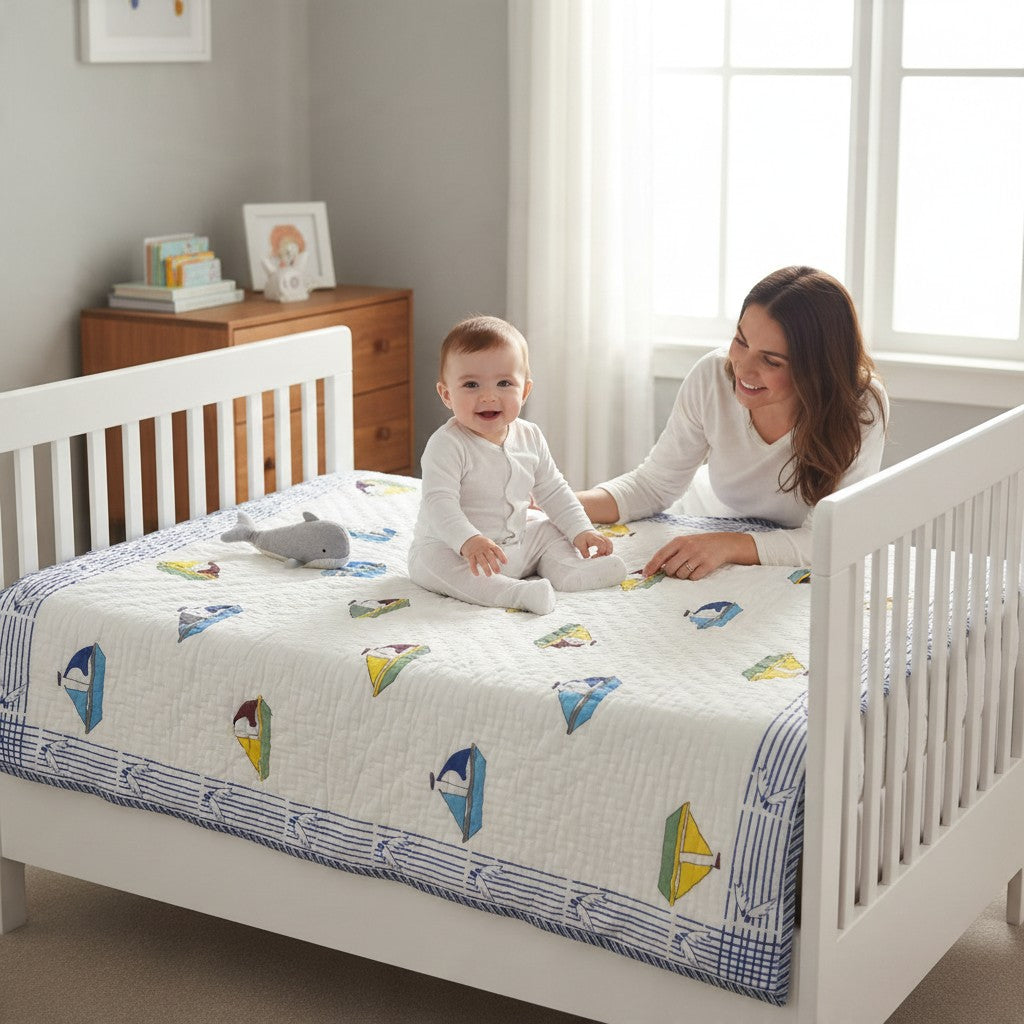 White cotton toddler quilt with little sailboats and a blue border