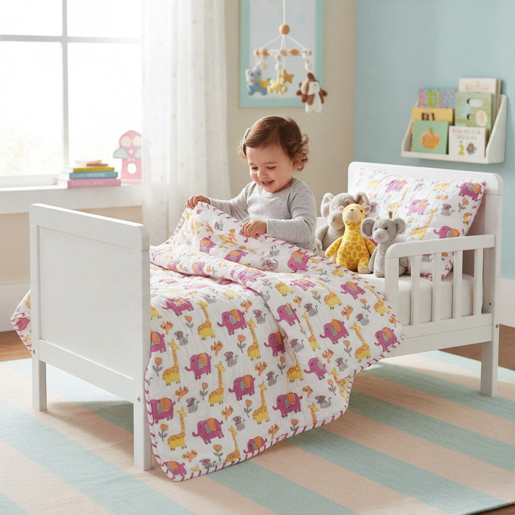 Reversible cotton toddler quilt shown on a child's bed, featuring a colourful safari animal print on one side and a pink chevron pattern on the other.