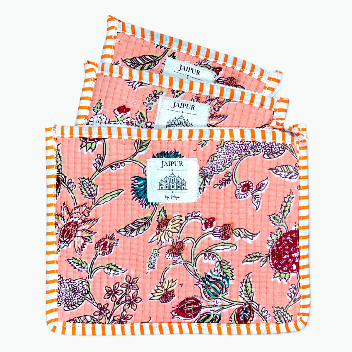 Three quilted cotton kitchen towels with a pink floral print and orange striped borders, arranged overlapping on a light gray background. Each towel has a white sewn-in label with the brand name 'LAVIER'.