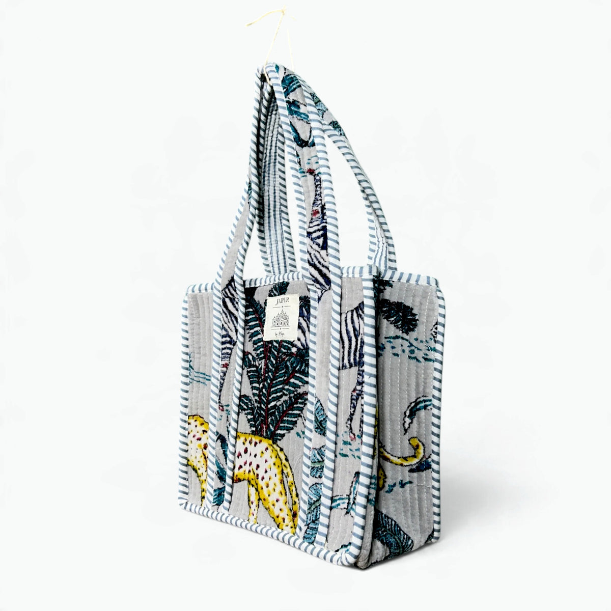 Grey Velvet Safari Reversible Tote Bag | Quilted Velvet Shoulder Tote with Zebra & Leopard Print