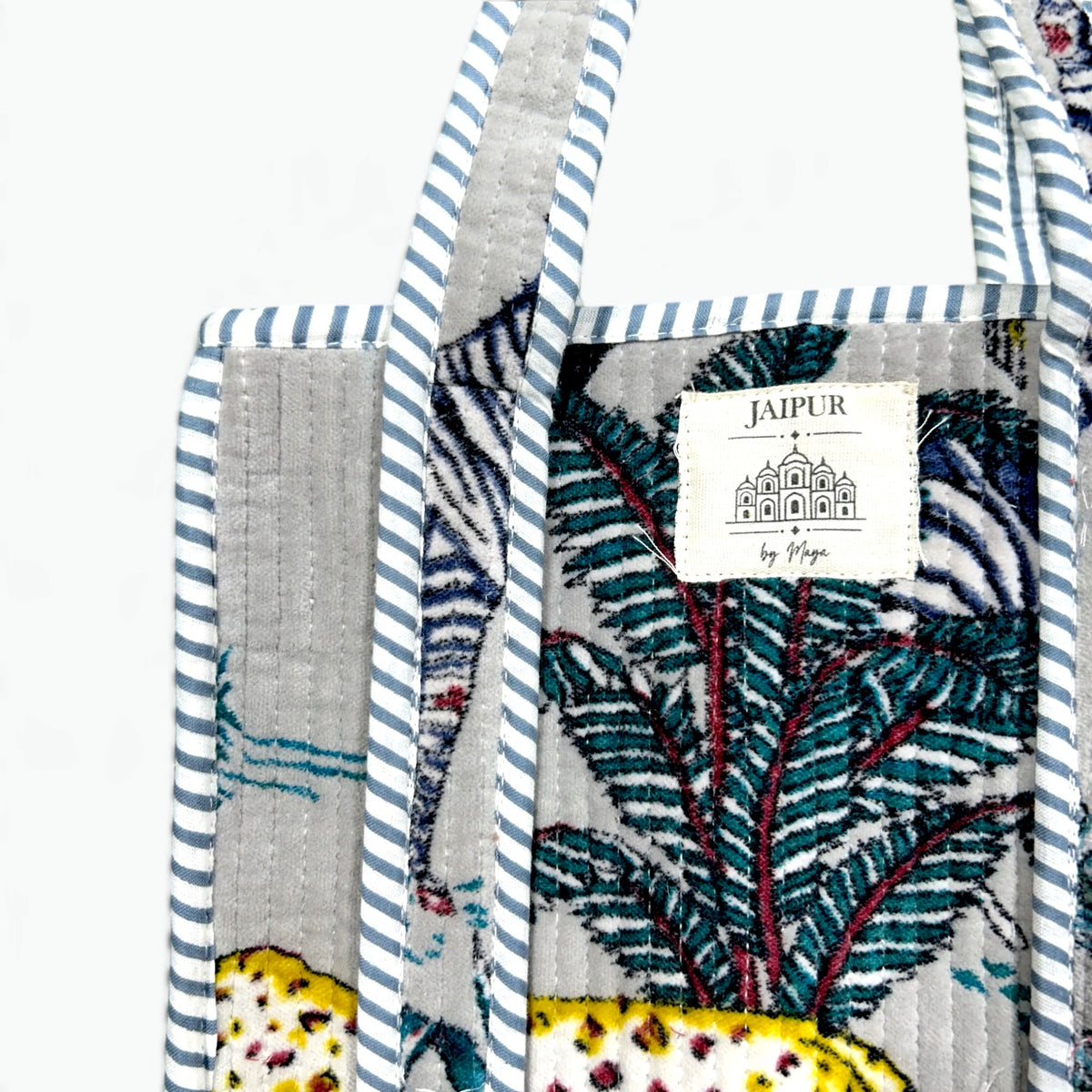 Grey Velvet Safari Reversible Tote Bag | Quilted Velvet Shoulder Tote with Zebra & Leopard Print