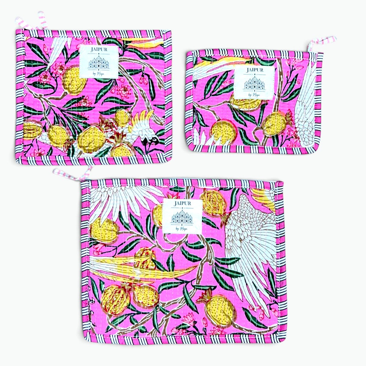 Pink Cockatoo Print Pouch Set of 3 | Quilted Cotton Zip Pouches