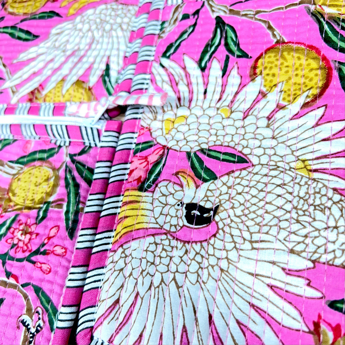 Pink Cockatoo Print Pouch Set of 3 | Quilted Cotton Zip Pouches