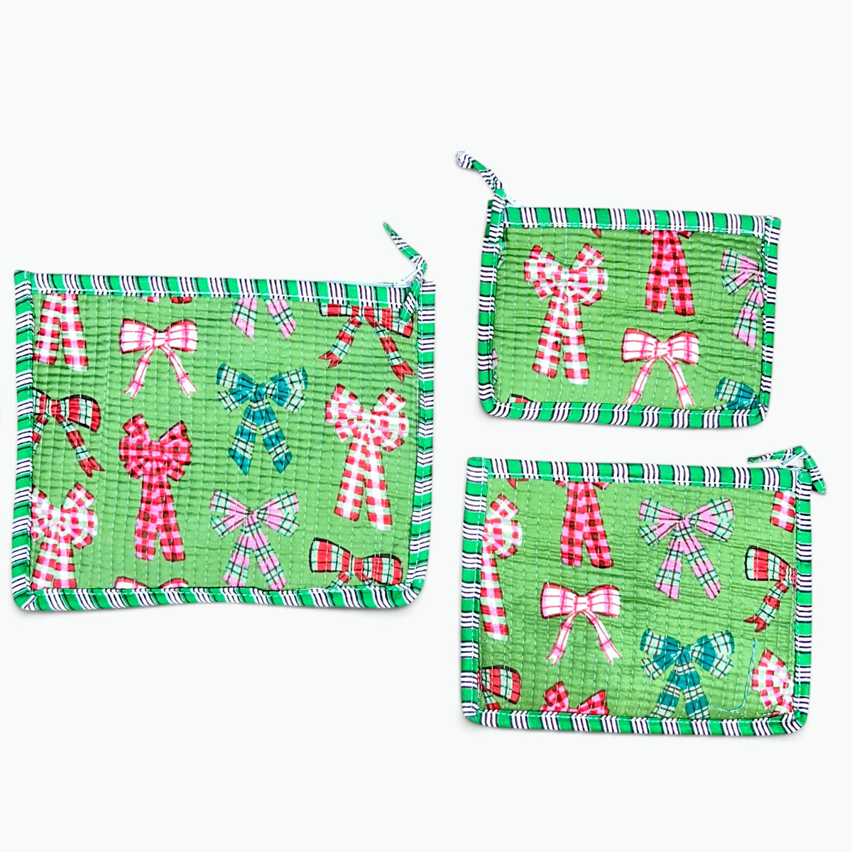 Tartan Bows Print Pouch Set of 3 | Quilted Cotton Zip Pouches