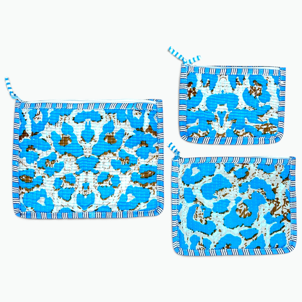 Blue Leopard Print Pouch Set of 3 | Quilted Cotton Zip Pouches