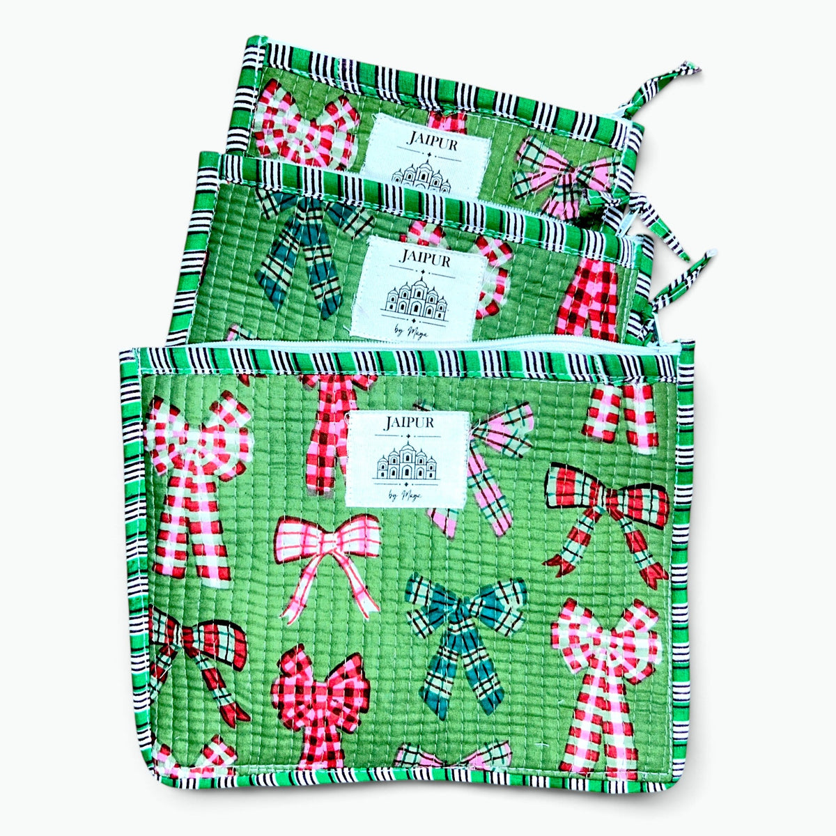 Tartan Bows Print Pouch Set of 3 | Quilted Cotton Zip Pouches