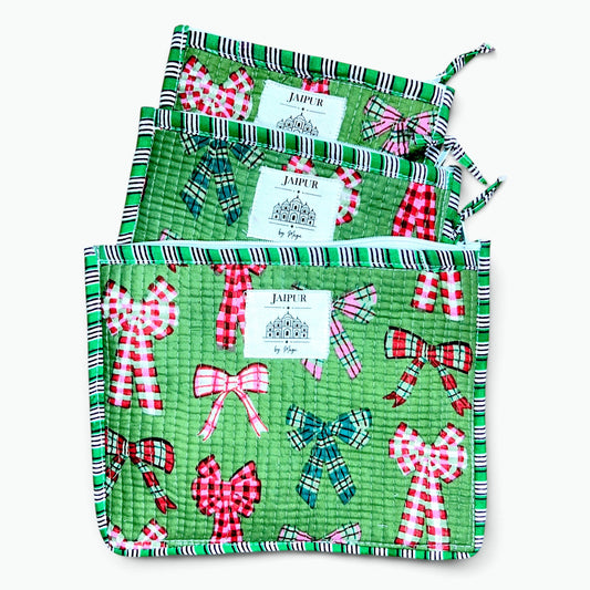 Tartan Bows Print Pouch Set of 3 | Quilted Cotton Zip Pouches