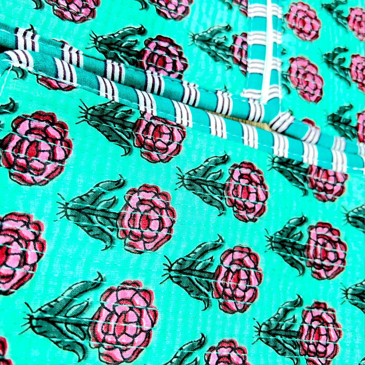 Aqua Rose Print Pouch Set of 3 | Quilted Cotton Zip Pouches