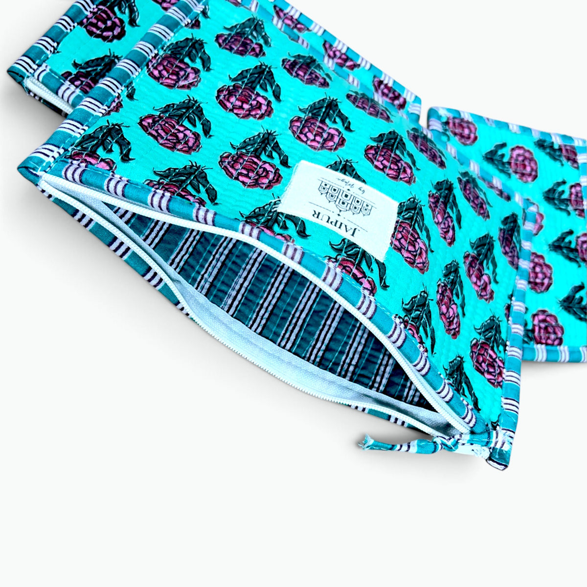 Aqua Rose Print Pouch Set of 3 | Quilted Cotton Zip Pouches
