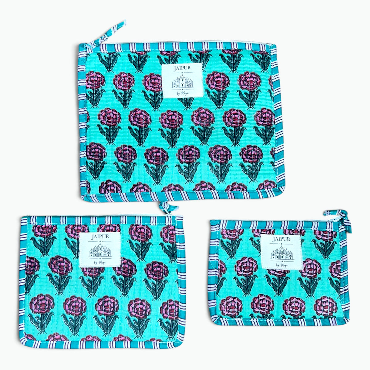 Aqua Rose Print Pouch Set of 3 | Quilted Cotton Zip Pouches