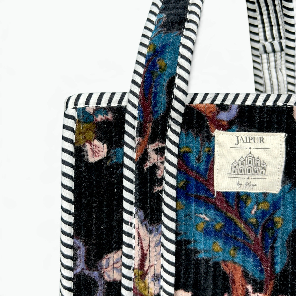 Black Velvet Botanical Tote Bag | Quilted Velvet Shoulder Tote