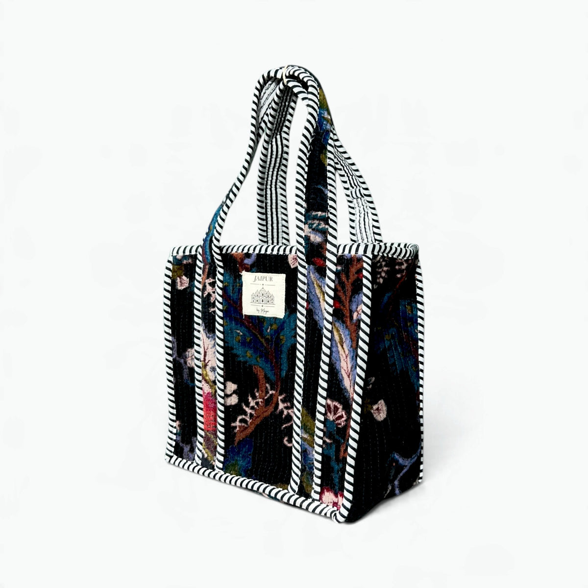 Black Velvet Botanical Tote Bag | Quilted Velvet Shoulder Tote