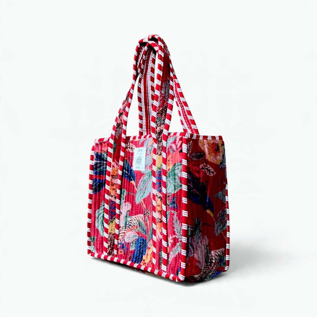 Red Velvet Tropical Reversible Tote Bag | Quilted Velvet Shoulder Tote