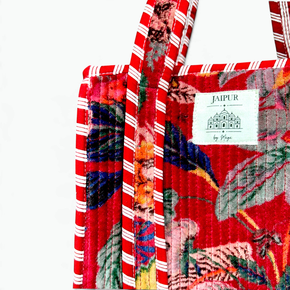Red Velvet Tropical Reversible Tote Bag | Quilted Velvet Shoulder Tote