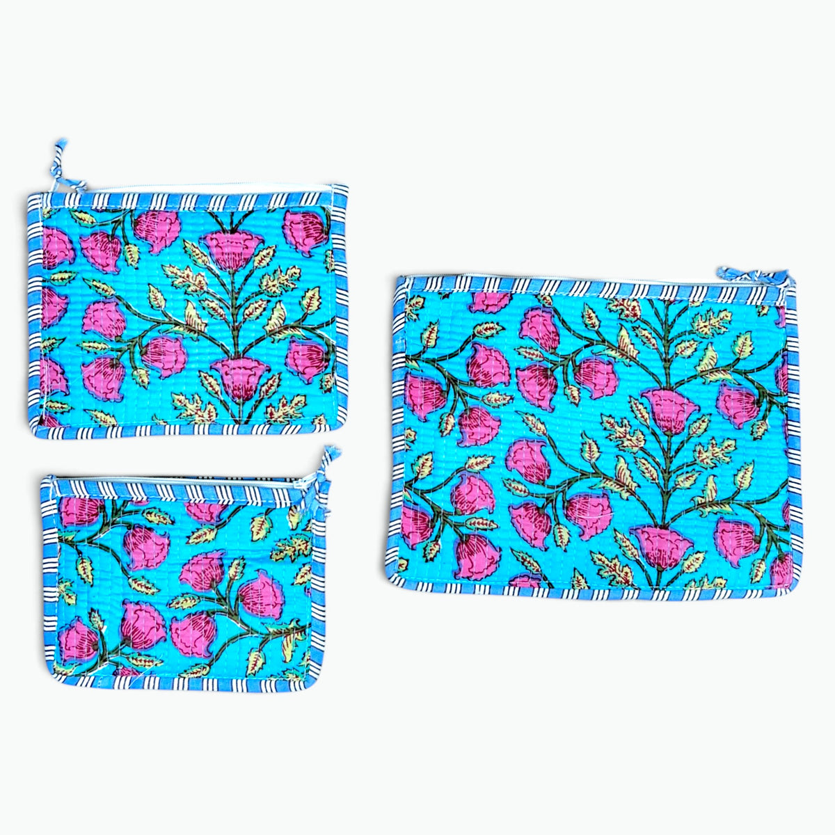 Tulip Garden Print Pouch Set of 3 | Quilted Cotton Zip Pouches