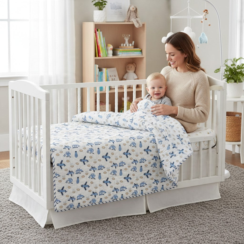 Reversible cotton toddler quilt shown on a cot and a child's bed, featuring a blue aeroplane print on one side and a navy blue chevron pattern on the other.
