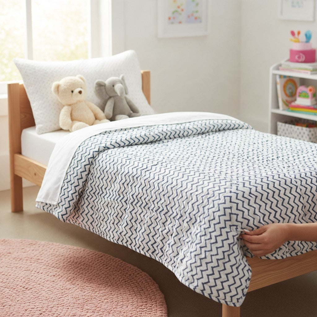 Blue Aeroplane & Navy Chevron Reversible Toddler Quilt | 100% Cotton | 40x60 Inches