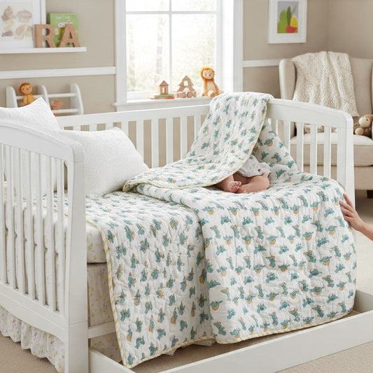 Reversible cotton toddler quilt shown on a child's bed and cot, featuring a light green chevron pattern on one side and a blue dinosaur print on the other.