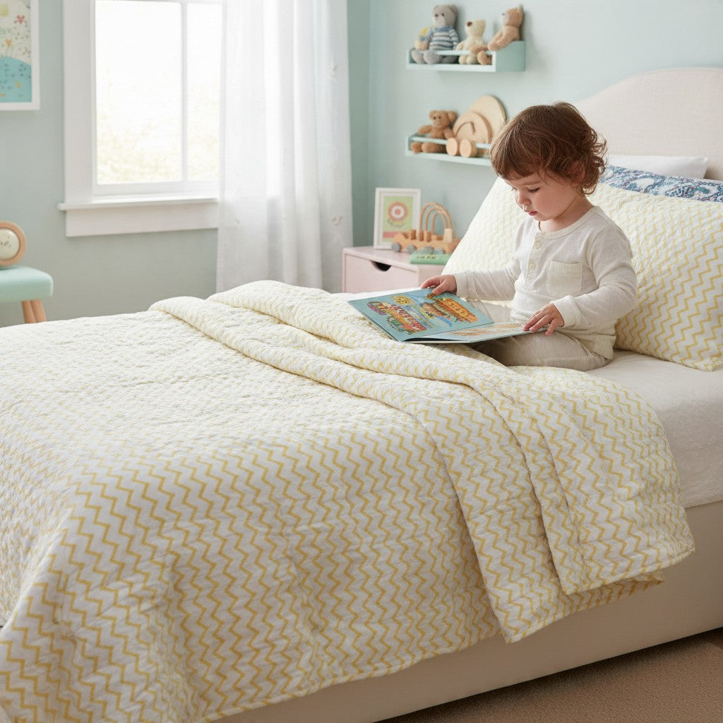 Colourful Vehicles & Yellow Chevron Reversible Toddler Quilt | 100% Cotton | 40x60 Inches