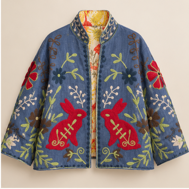 Denim Blue Floral & Rabbit Embroidered Jacket