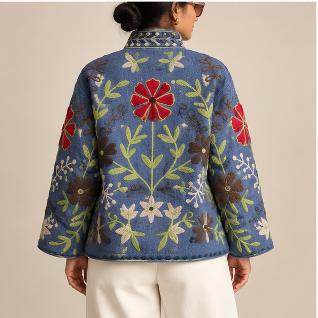 Denim Blue Floral & Rabbit Embroidered Jacket