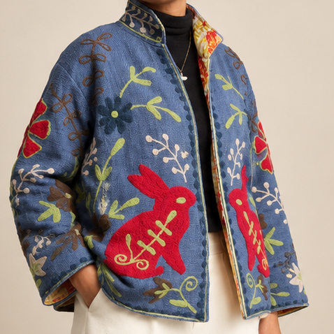 Denim Blue Floral & Rabbit Embroidered Jacket